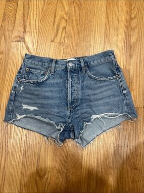 Agolde Washed Blue Distressed High-Rise Jean Shorts